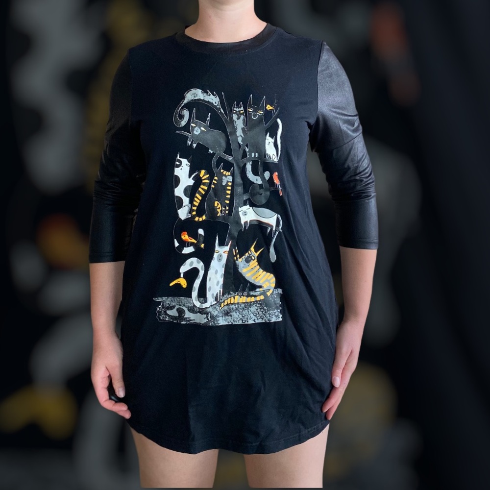 Miss Nikky Cat Artwork Tunic, Long Shirt, Mini Dress. Faux Leather 3/4 Sleeves